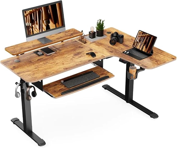 EUREKA ERGONOMIC Standing Desk with Keyboard Tray Computer Desk 61 L Shaped Electric Adjustable Height Desk w Monitor Stand LED Corner Sit Stand Desk Gaming Desk Dual MotorRight/Rustic Brown