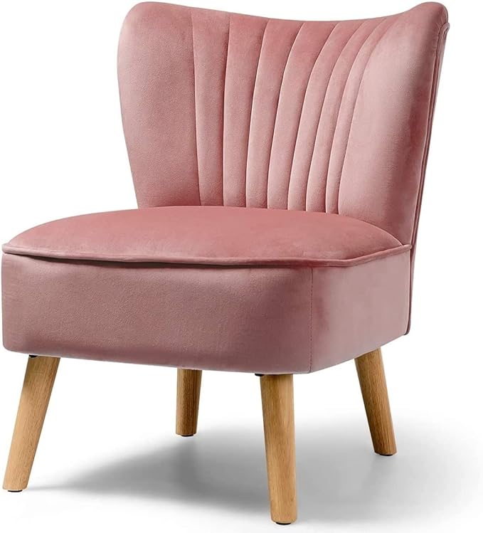 LUARANE Armless Velvet Accent Chair Modern Leisure Chair with Curved Backrest Thick Sponge Cushion Wood Legs Small Upholstered Wingback Sofa Chair for Bedroom Living Room (1 Pink)