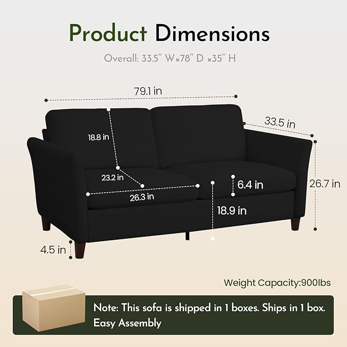 79.1 Corduroy Loveseat Sofa Modern Comfy Couches with Side Pocket 3-Seater Sofa Couch for Living Room Bedroom and Small SpacesBlack