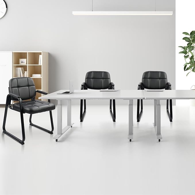CLATINA Waiting Room Guest Chair with Bonded Leather Padded Arm Rest for Office Reception and Conference Desk Black with Sled Base