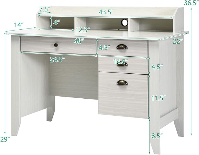 Tangkula White Desk with 4 Storage Drawers &amp Hutch Home Office Computer Vintage Desk Writing Study Table with Storage Shelves Wooden Executive Desk (White)
