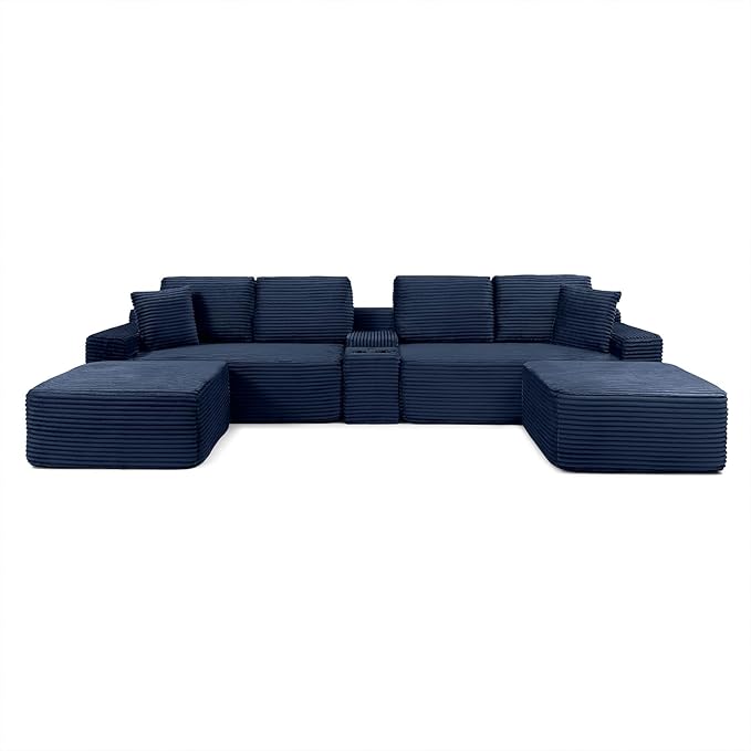 125 Oversized U-Shaped Cloud Sectional Couch 6-Seater Modular Sectional Sofa with USB Ports/Storge Console/Cup Holder Modern Deep Seat Corduroy Boneless Couch for Living Room No Assembly Blue