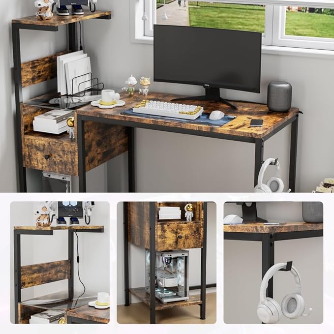 Computer Desk with Power Outlet &amp USB Ports Modern Office Desk with Storage Shelves for Home &amp Study – Ergonomic Computer Table for Efficient Workstation (Brown)
