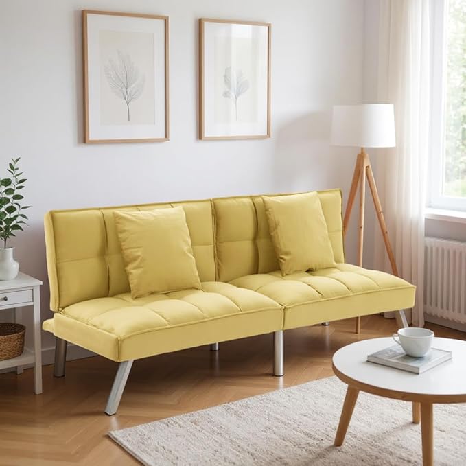 68 Modern Sofa Bed FutonConvertible Sleeper Bed Couch with 4 Reclining BackrestComfy Velvet Cloud Sofa Loveseat for Living Room Bedroom Office (Yellow)