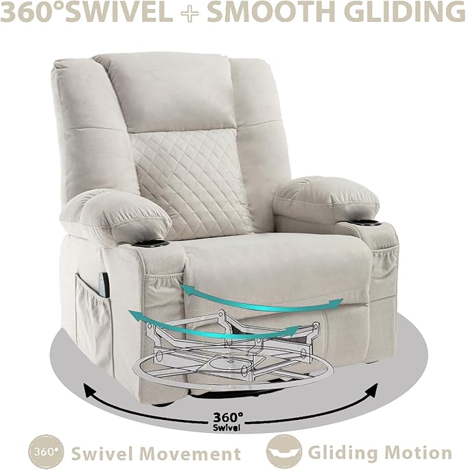 Rocker Recliner Chair with Heat and Massage Wide Seat Overstuffed Fabric Reclining Chair for Living Room Nursery Glider Rocking Chair Swivel Recliner with Cup Holder White