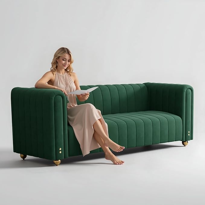 82 Deep Seat Sofa - Gold Leg Modern Couch with Serpentine Springs 750LBS Capacity &amp Fade-Resistant Fabric for Living Room (Emerald Green/Burnt Orange/Classic Black) (Green 3S)