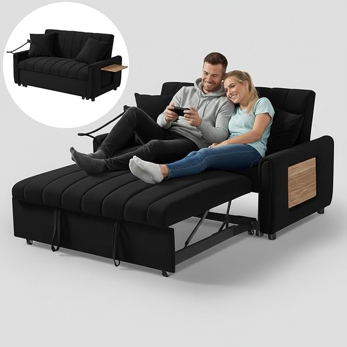 Loveseat Sleeper Sofa 3 in 1 Convertible Sofa Bed Adjustable Backrest Comfy Pull Out Couch Modern Upholstered Sofa for Living Room Bedroom Apartment Small Space (d-Black)