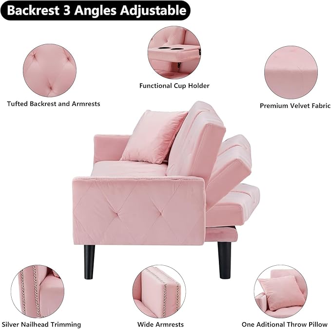 72 Pink Velvet Futon Couch Living Room Couch Bed Convertible Sleeper Sofa Bed with Cup Holder for Bedroom Guest Bed 2 Seater Reclining Sofas Couches with Nailhead Trim for Small Space (Pink)