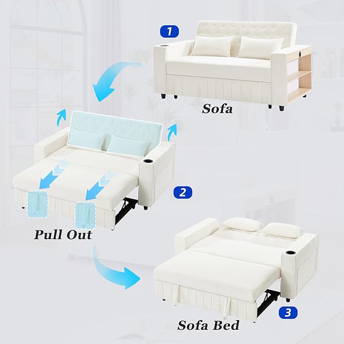61.4 Pull-out Sofa Bed Convertible Sleeper Sofa Bed with Adjustable Backrest Cup Holders Storage Rack Handy Side Pockets Two Lumbar Pillows Modern Loveseat Sofa for Living Room (Beige/132)