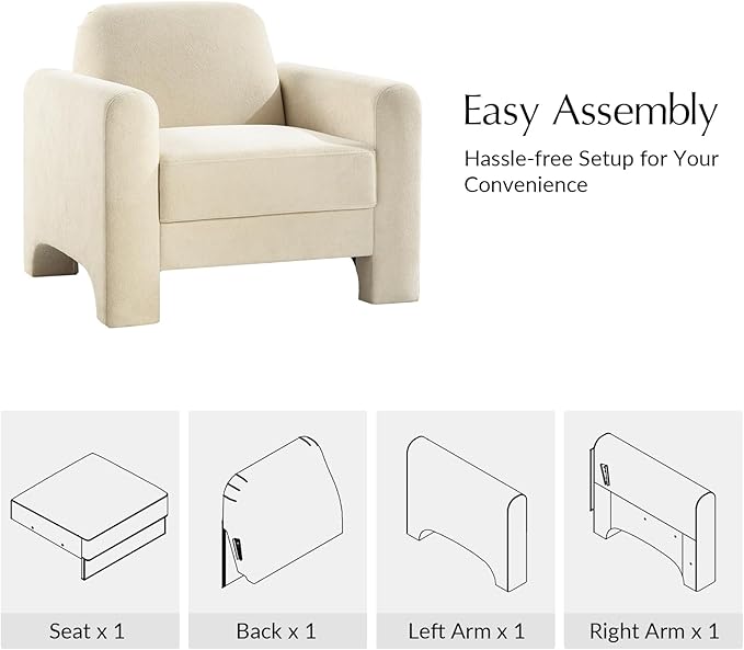 HULALA HOME Modern Curved Accent Club Chair Chenille Armchair Upholstered Sofa Chair with Wrapped Armrests Comfy Reading Armchair for Living Room Easy Assembly Ivory