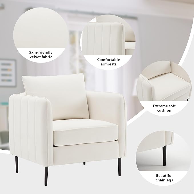 Modern Accent ChairSoft Frosted Velvet Armchair Upholstered Accent Club Chair with Meatl LegsComfy Reading Sofa Chair with Wide Armrestsfor Living RoomBedroomReading Room (Ivory)