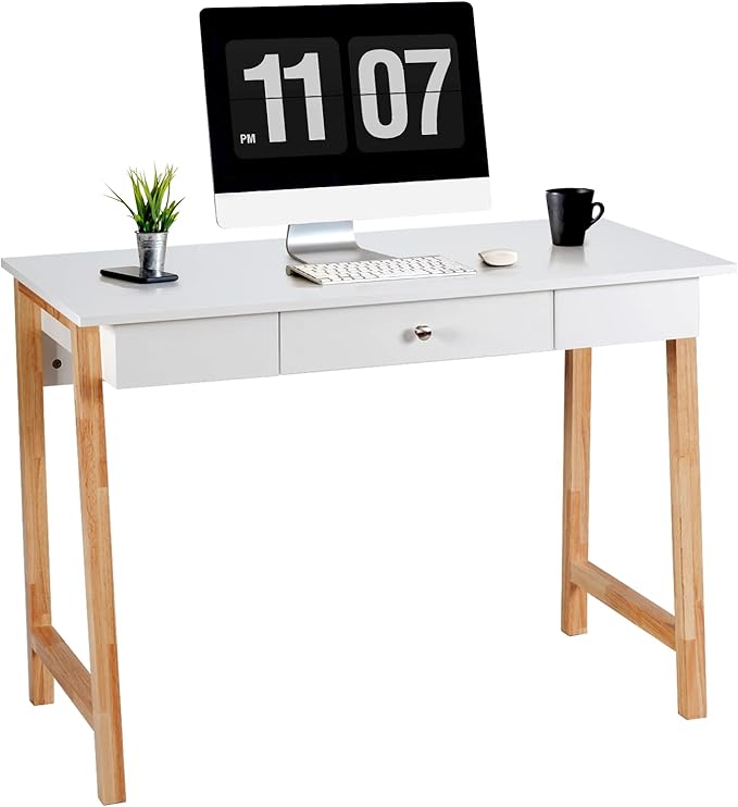 COSTWAY 42 Computer Desk with Storage Drawer Modern Home Office Writing Study Table with Solid Rubber Wood Legs &amp Non-Slip Foot Pads Multifunctional Makeup Vanity Dressing Table (Wood and White
