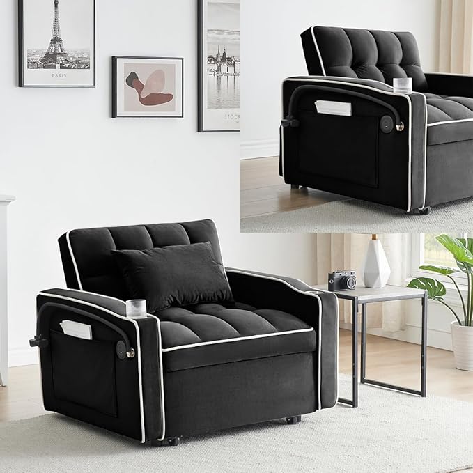 3 in 1 Convertible Sleeper Chair Modern Pull Out Couch Bed Single Recliner with Adjustable Back Velvet Futon Folding Sofa Bed Chair for Living Room Bedroom Small Spaces (Black-2)