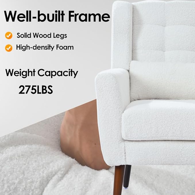 Modern Accent ChairChenille Arm Chairs for Living RoomUpholstered Mordern ArmchairComfy Soft Padded Lounge Chair in Small Space Bedroom w/Pillow Solid Wood Leg (White + Teddy)