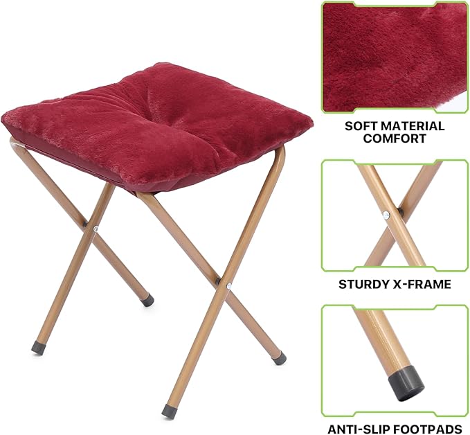 Magshion Folding Saucer Chair for Adults with Ottoman Circle Reading Chair for Bedroom Living Room &amp Dorm Furry Comfy Accent Seat with Metal Leg &amp Thick Padded for Small Spaces (Burgundy 1