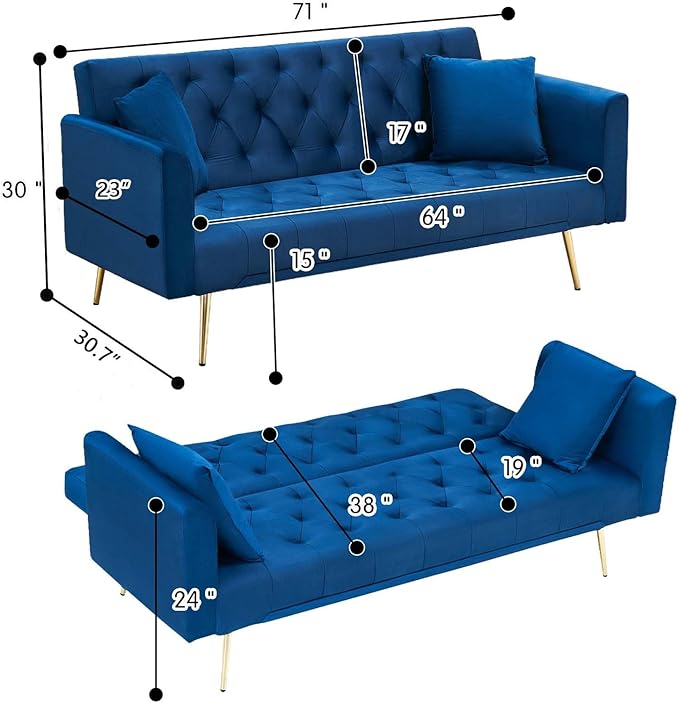 71Convertible Futon Sofa Bed - Modern Velvet Sleeper Couch with Adjustable Backrest Tufted Recliner with Golden Chrome Legs &amp 2 Pillows Perfect for Small Spaces Living Room &amp Apartment (Bl