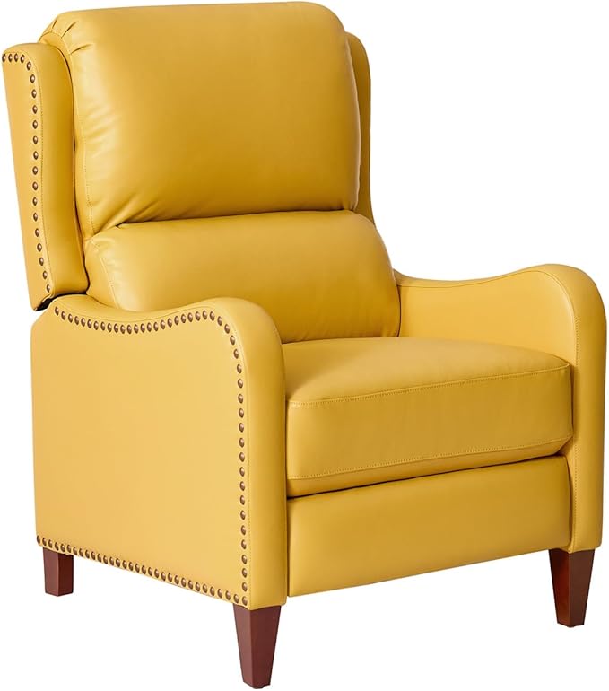 HULALA HOME Genuine Leather Recliner Chair Modern Push Back Recliner Armchair with Thick Seat Backrest &amp Footrest Nailhead Decor for Living Room Bedroom Yellow