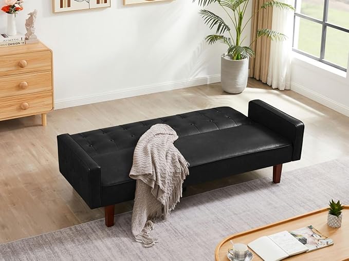 Futon Sofa Bed Convertible Sleeper Sofa Loveseat Couch PU Leather Sofabed with Wooden Legs for Small Spaces Room Home Office Hotel with Adjustable Backrest Reclining (Black)
