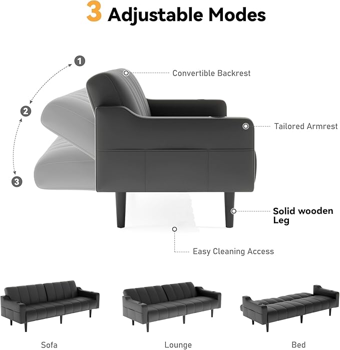 Brelice 80'' Leather Couch Futon Sofa Bed Faux Leather Couch with Adjustable Backrest 2 Cup Holders &amp Side Pockets Mid Century Modern Sofa for Living Room Bedroom Black