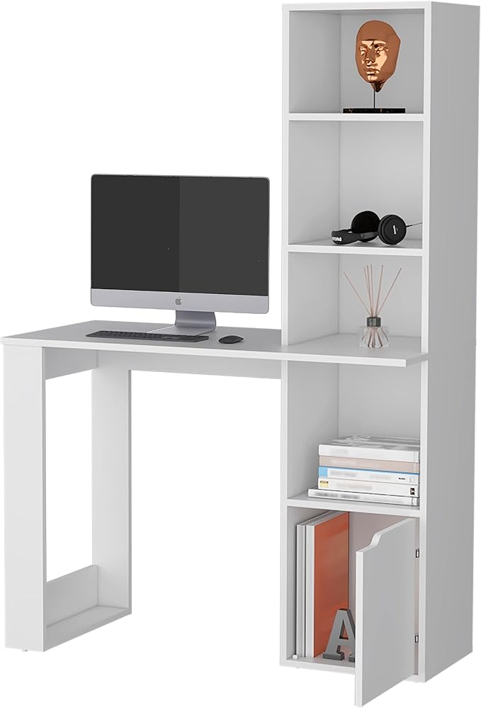 Home Office Desk Computer Desk with 4-Tier Bookcase and 1-Door Cabinet White
