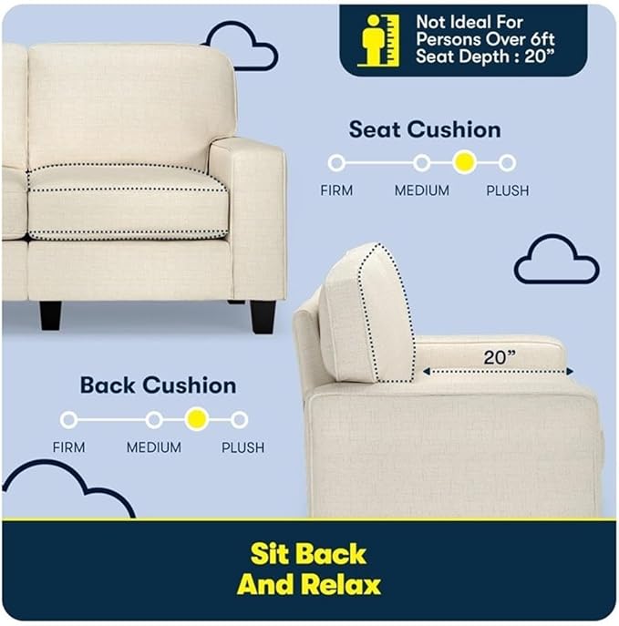Pemberly Row 61 Track Arm Sofa Loveseat Buttercream Polyester Upholstery Removable Covers Compact Space-Saving Design Solid Wood Frame Modern Minimalist Style for Living Room or Home Office