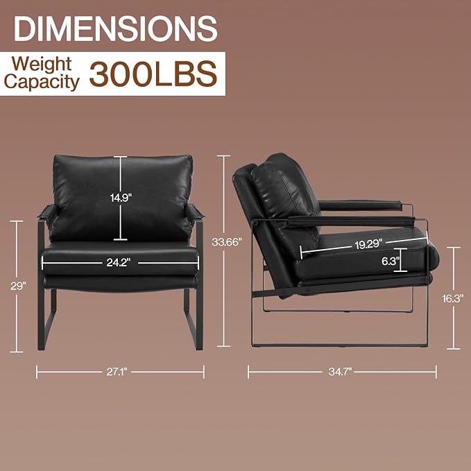 Art Leon Mid Century Modern Accent Chair Faux Leather Armchair with Black Metal Legs Single Lounge Side Chair for Living Room Bedroom Small Spaces Black