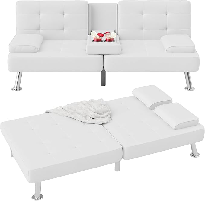 Flamaker Futon Sofa Bed Modern Folding Futon Set PU Leather Convertible Recliner Lounge for Living Room with 2 Cup Holders Removable Armrests (PU Leather White)