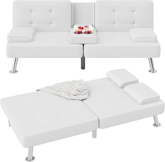 Flamaker Futon Sofa Bed Modern Folding Futon Set PU Leather Convertible Recliner Lounge for Living Room with 2 Cup Holders Removable Armrests (PU Leather White)