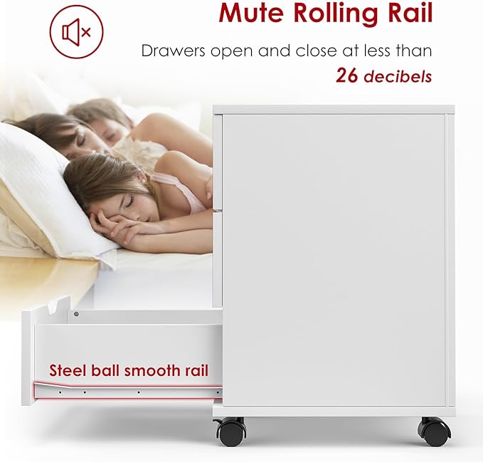 3-Drawer Mobile File Cabinet with Locking Casters Under Desk Filing Cabinet Rolling Wood Storage for Home Office Compact Vertical Organizer for A4/Letter Files (White)