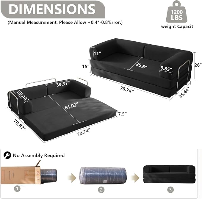 79 Convertible Sleeper Sofa Bed with Cylindrical Pillow Corduroy Folding Mattress Couch with Fixed-Shape Frame Floor Sofa Lounge Couch for Living Room Bedroom Lounge Studio (Black)