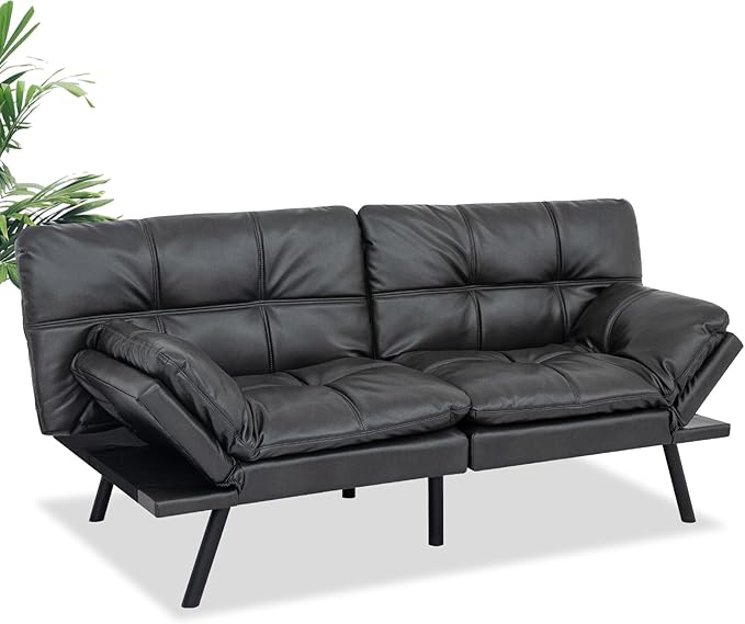 MUUEGM Futon Couch with 71 Adjustable High Density Memory Foam Futon Sofa Bed Modern Design Sofa Bed for Living Room Sleeping and Relaxing(Leather Matte Black)