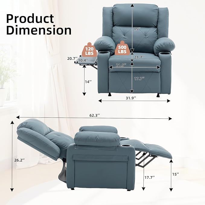 Power Recliner Chair with Vibration Massage &amp HeatUpholstered Faux Leather Single Reclining Sofa with Side Pockets Side Table for Living Room Home Theater (Blue)