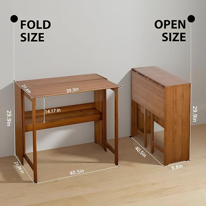 41'' Bamboo Folding Desk with Bookshelf – Space-Saving Computer Desk for Small Spaces Foldable Study Table Mid Century Modern for Home Office &amp Bedroom - Brown