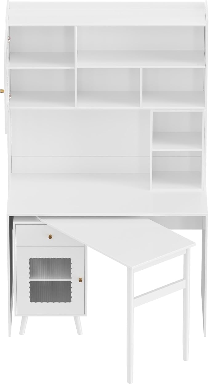 Computer Desk with 90 Degree Rotating DesktopOffice Desk with Storage Drawer and Cabinets Gaming Writing Desk for Study Home Office Bedroom Living (White/90)