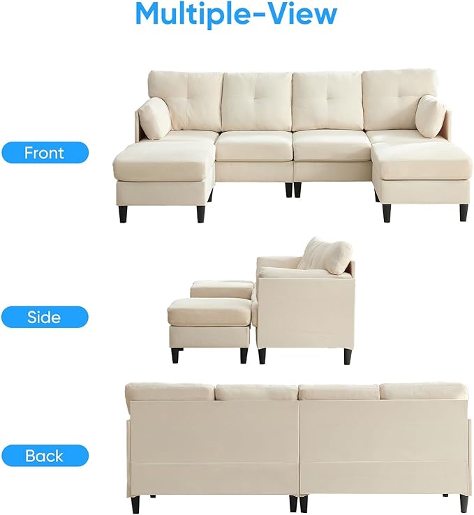 PUREMIND Sectional Home Sofa Living Room Modern U-Shaped Sofa Couches with Double Chaise Upholstered 4 Seater Sofa for Living Room Apartment Beige