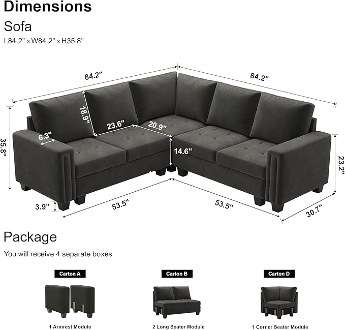 Belffin Velvet Modular Sectional Sofa Convertible Sectional Sofa Couch with Reversible Chaise L Shaped 4 Seater Corner Sofa Couch Grey