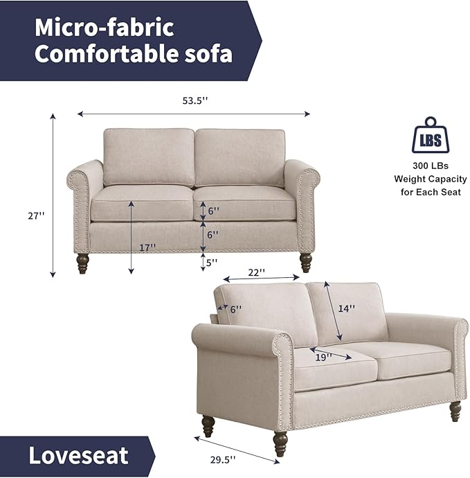 Loveseat Sofa Couches for Living Room 2 Sofa Seat for Small Spaces Mid Century Modern Couch with Armrest and Backrest Soft Cushion Sofa for Home/Office/Apartment - Beige