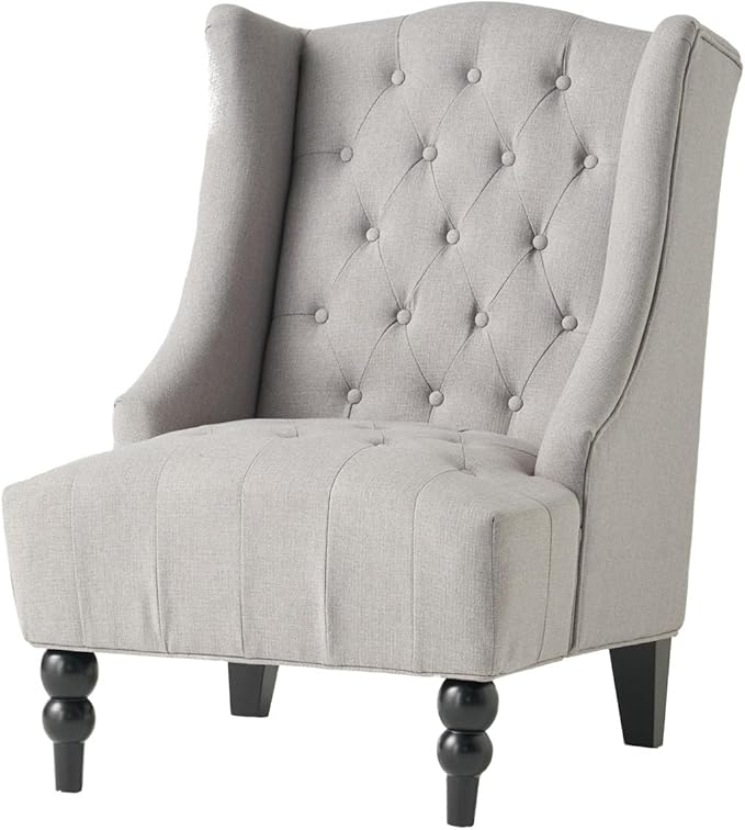 High-Back Velvet Wingback Chair Navy Blue Accent Chair with Button-Tufted Design &amp Birch Wood Legs 27.5”W x 33.75”D Upholstered Club Chair for Living Room Victorian (Fabric Gray)