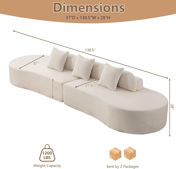GNIXUU Modern Curved Sofa for Living Room 130.5 Oversized Boneless Sectional Couch with 3 Pillows 4 Seater Compression Cloud Couches for Apartment Bedroom Office No Assembly Required Beige