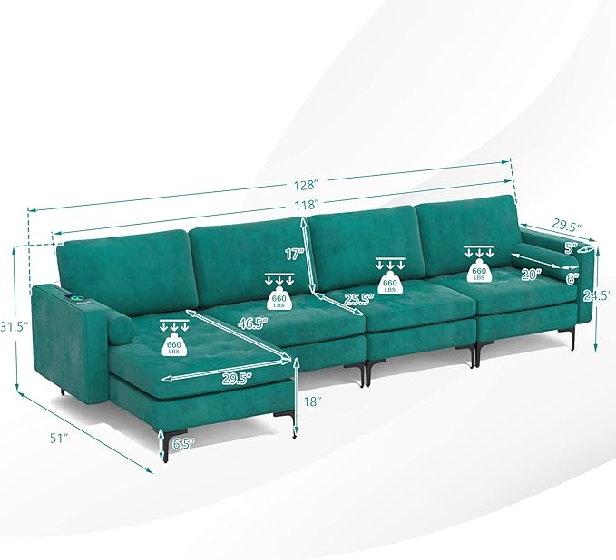 Giantex 128 Extra-Large 4 Seat Sofa Sectional Couch with USB Ports 3-Hole Socket Storage Box Magazine Pocket L-Shape Modular Sleeper w/Convertible Chaise Lounge Bolsters Family Living Room