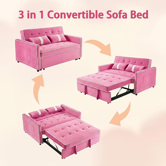 71 Loveseat Sleeper Sofa 3 in 1 Convertible Sofa Bed Adjustable Backrest Comfy Pull Out Couch Modern Upholstered Sofa for Living Room Bedroom Apartment Small Space (Pink)