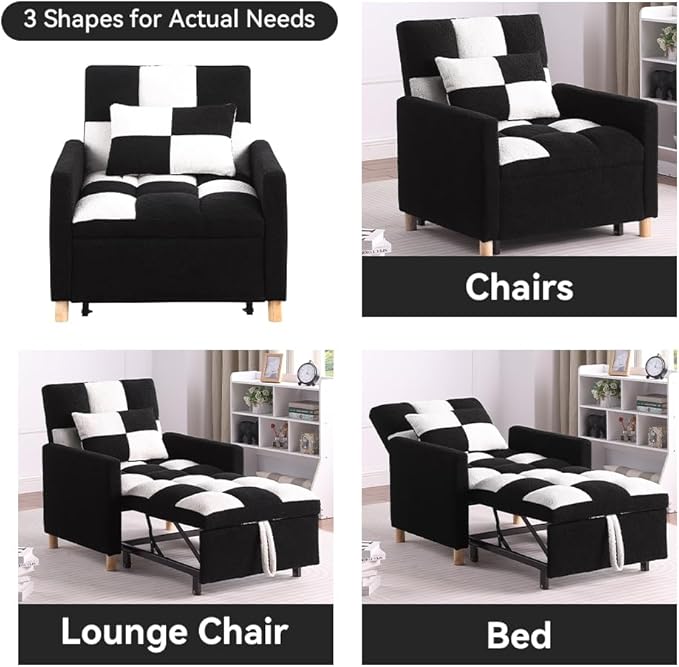 Sleeper Chair BedConvertible Single Sofa Chair Bed with PillowPull Out Sleeper Bed with Adjustable BackrestMulti-Functiona Lounge Chair with Teddy Fabric for Living Room(Black White)