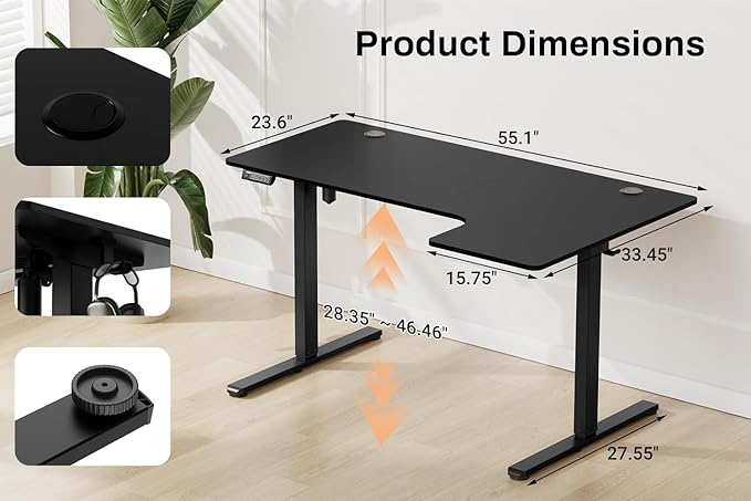 EcoZen Standing Desk Electric Height Adjustable Desk 55 x 33.5 Inches L Shaped Sit Stand up Desk Computer Home Office Desk Memory Preset with Two-Piece Fir Wood Desktop (Black 55 * 33.5 Inch)