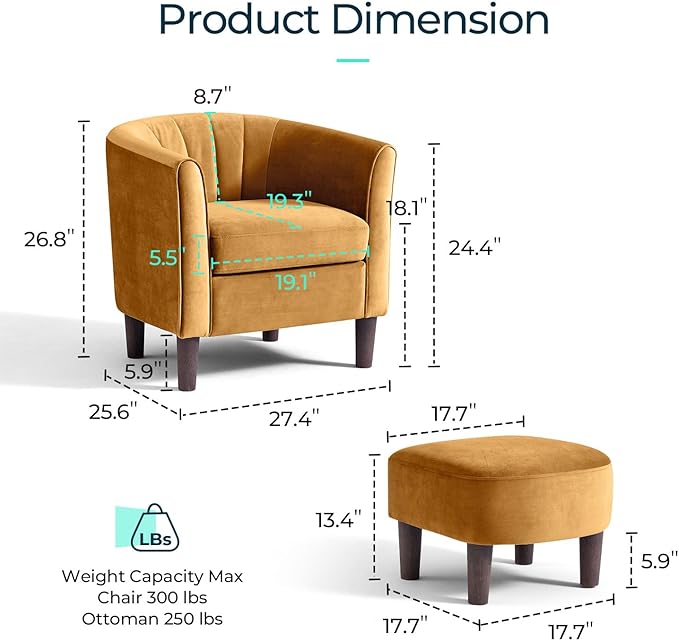 LINSY Accent Chair Set of 2 Velvet Barrel Chair with Ottoman Modern Comfy Small Armchair for Small Spaces Reading Room Living Room Bedroom Kids Room Office Yellow