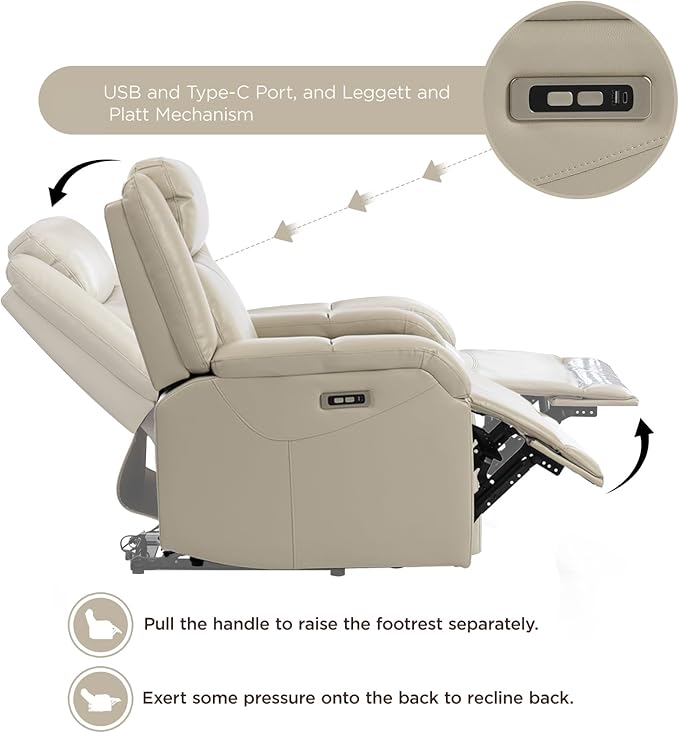 Faux Leather Power Recliner Chairs for AdultsClassic and Traditional Recliners with Arms and Back Electric Recliner Chair with Cup Holders &amp Charging Port Beige