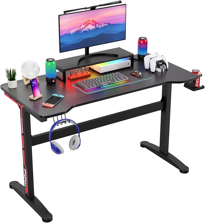 PayLessHere 47 Inch Gaming Desk T-Shaped Computer Desk Racing Style Gamer Table with Cup Holder &amp Headphone Hook Office Desk Modern Workstation for Home Office &amp PC Gaming Setup