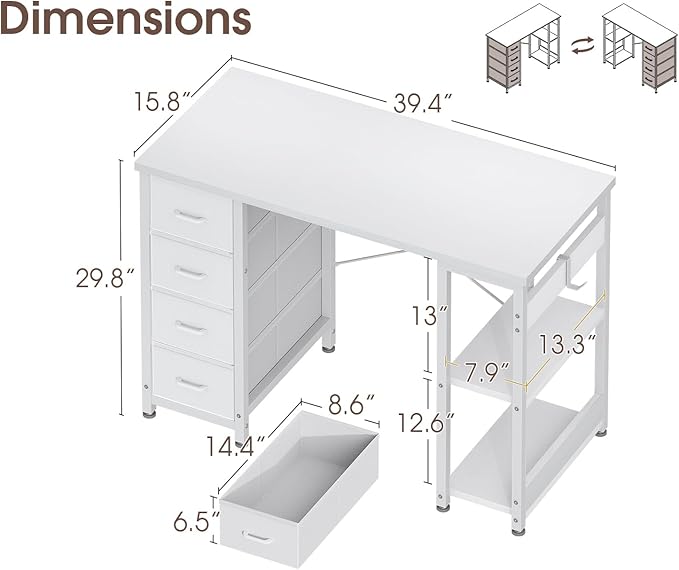 Casaottima 40 Inch Small Computer Desk with 4 Fabric Drawers Modern PC Desk for Small Spaces Home Office Desk with Storage Shelves White