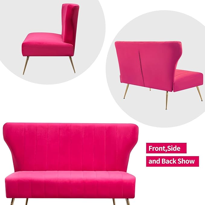 50’’ Armless Loveseat Sofa Comfy Upholstered Velet Small Couch Sofa with Gold Legs 2 Seater Tufted Modern Couch for Living Room Bedroom Apartment Small Space (Fuchsia)