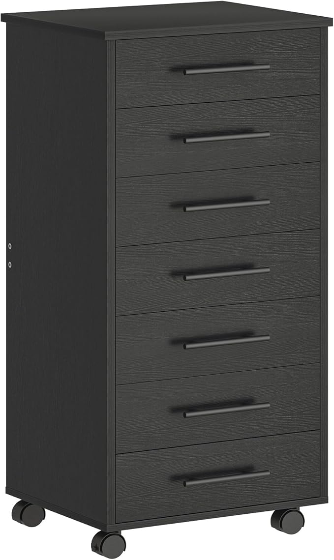 HOOBRO 7-Drawer File Cabinet Wooden Office Cabinet with Drawers Mobile Storage Cabinet for Home Office Study Easy Assembly Black BK07WJ01