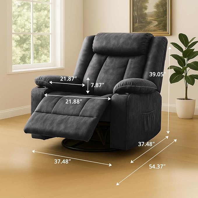 COMHOMA Recliner Chair360°Swivel Rocker Recliners with Cup Holders&ampSide PocketsManual Reclining Single SofaFabric Upholstered Lounge Chairs for Living RoomGray